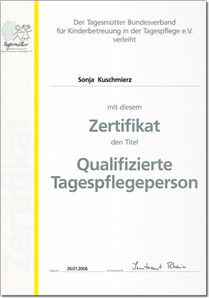 Zertifikat Qualifizierte Tagespflege - Kinderbetreuung Sonja Kuschmierz